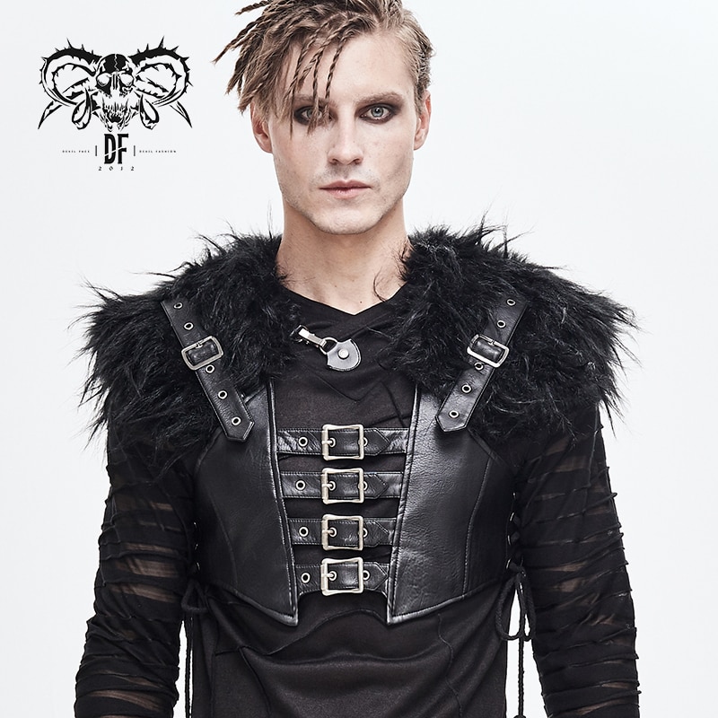 Devil Fashion Men's Punk Rock Fur Collar Vest Fashion Gorgeous Party Stage Performance Pu Waistcoat