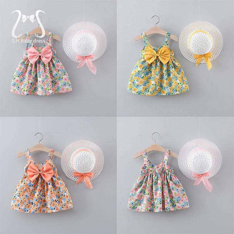 2Pcs/Set Flowers Baby Girl Dresses Summer Fashion Toddler Children Clothes Beach Smooth Dress Kid's Costume + Hat 0 To 3 Y