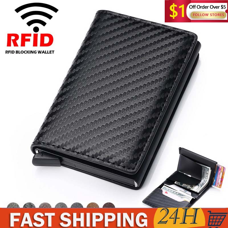 Rfid Blocking Credit Card Holder For Men Women Metal Carbon Fiber Leather Mini Wallet Men'S Pu Leather Portable Card Holder