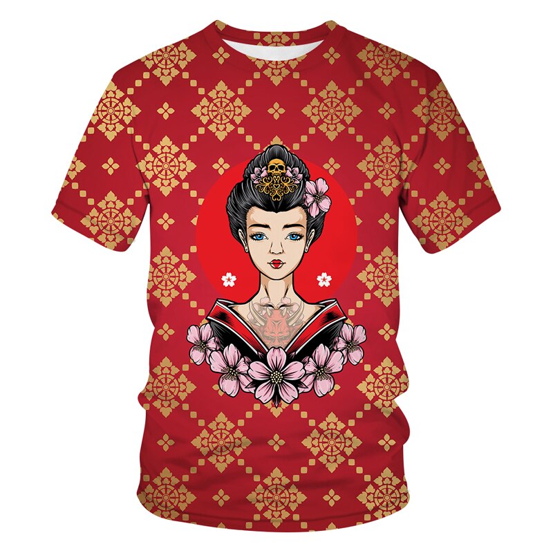 Summer Personality Geisha Pattern 3D Animal Print T-shirt Casual Fashion Hip Hop Harajuku Men's Large Size O Neck Short Sleeves