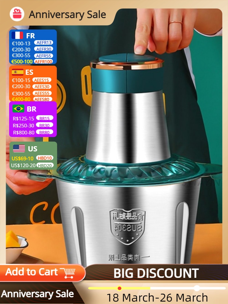 Electric Meat Grinder Food Processor Chopper Stainless Steel Kitchen Machines Vegetable Chopper Slicer Machine Household Grinder