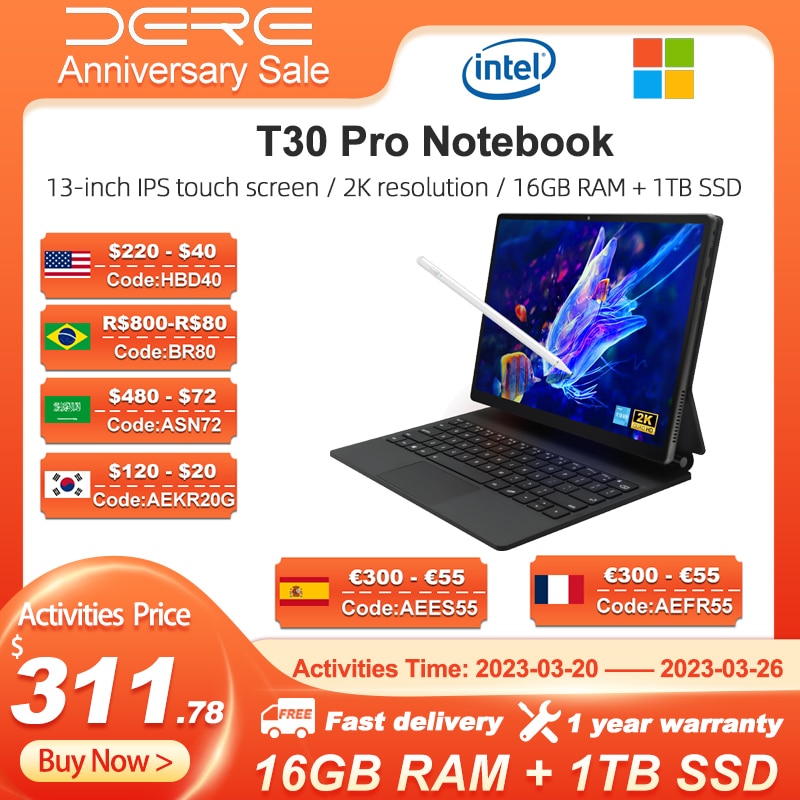 DERE Laptops T30 Pro 13-inch 2K IPS Touch Screen Laptop 16GB DDR4+1TB SSD Office Learning Computer Ultrabook Windows 11 Notebook