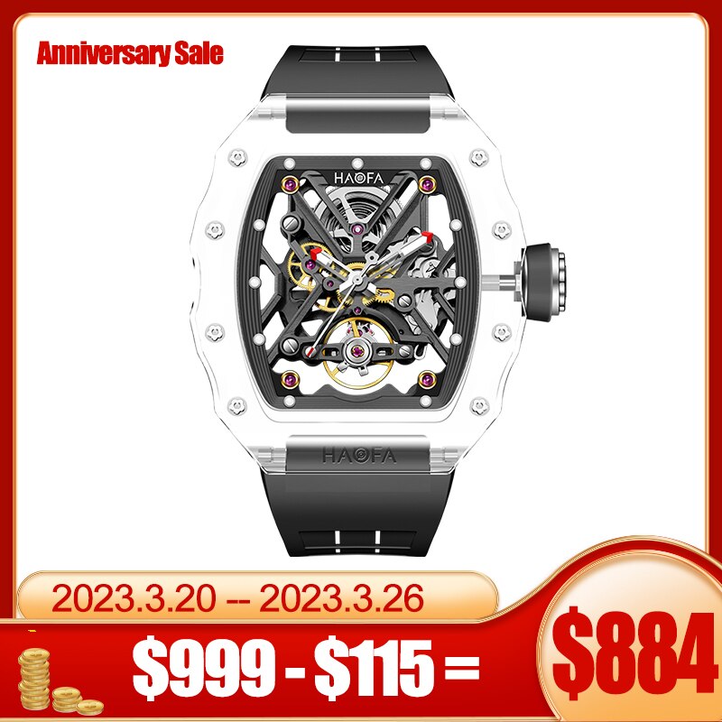 Haofa Transparent Crystal Automatic Mechanical Watches for Men Luxury Double-Sided Hollowing Waterproof Luminous Mens Watch 2202