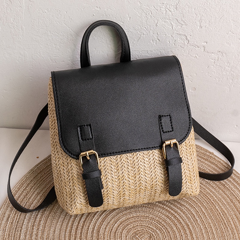 Vintage Straw Backpack Women's Fashion Shoulder Bag Versatile Straw Woven PU Leather Elegant Luxury Designer Backpack mochilas