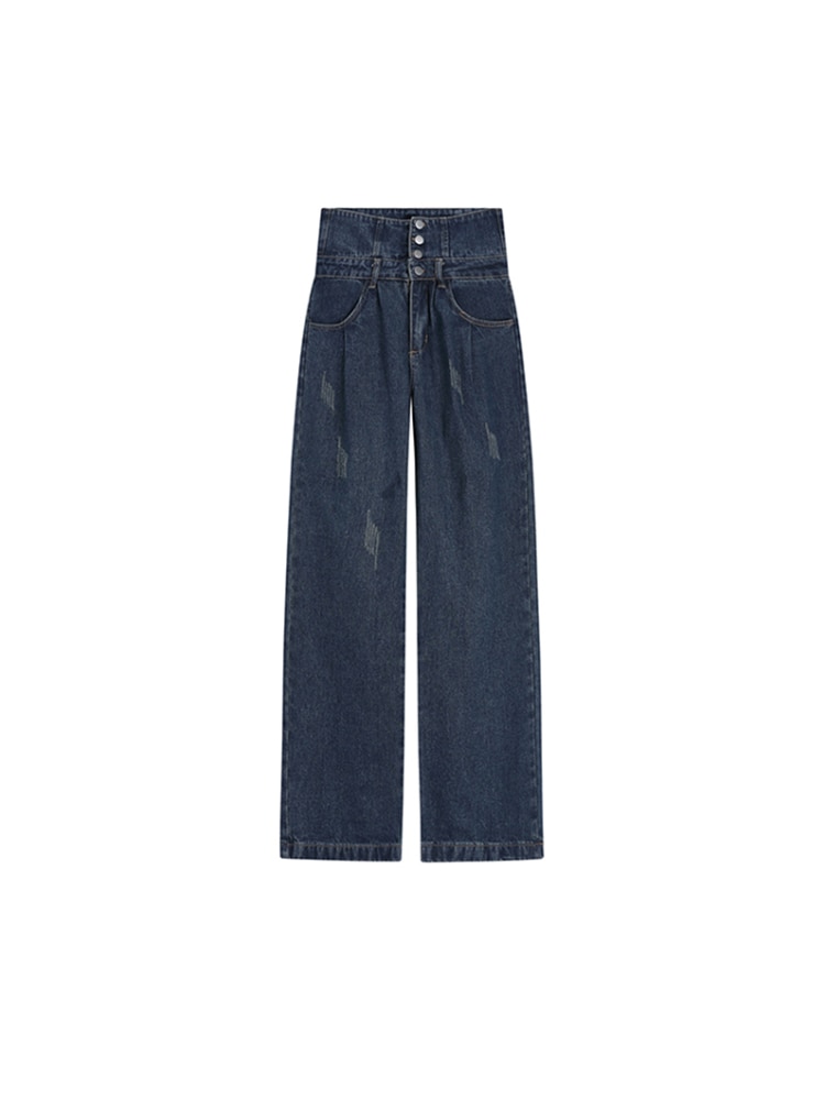 Cuffed Waist Jeans Retro Blue Jeans Women's Spring Autumn Street Style Casual Fashion High Waist Wide Leg Denim Trousers Female