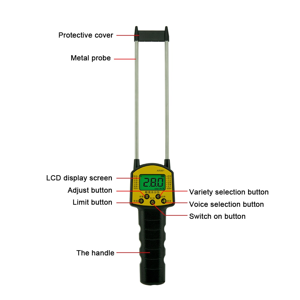AR991 Digital Grain Moisture Meter Humidity Tester Hygrometer with Measuring Probe For Corn Wheat Rice Bean Peanut Sorghum
