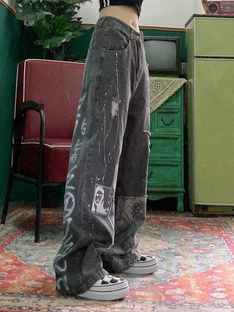 HOUZHOU Grunge Vintage Women Fashion Jeans Streetwear Patchwork Baggy Denim Pants Harajuku Hippie Casual Wide Leg Trousers