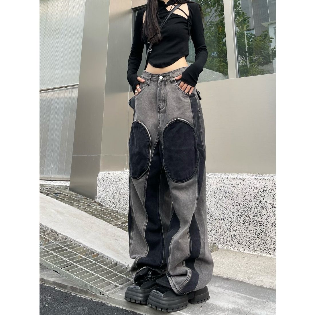 American-style big pocket old jeans men and women Y2K high street personality pocket loose straight trousers ins mopping pants