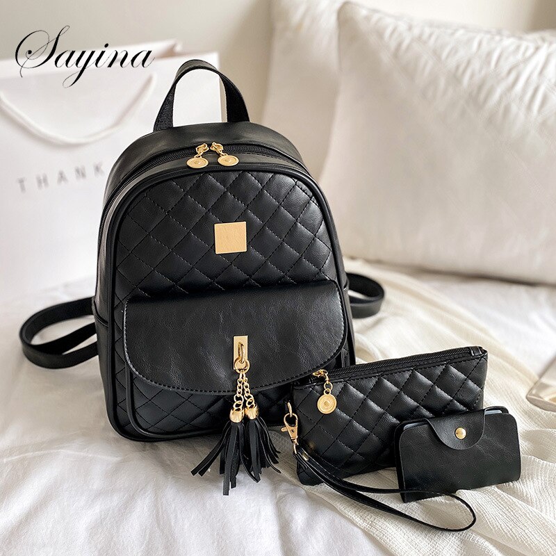 Women Composite Bag High Quality Pu Leather Backpack School Bags Black Backpack Mini Purse Phone Bag Three-piece Set  Kawaii Bag