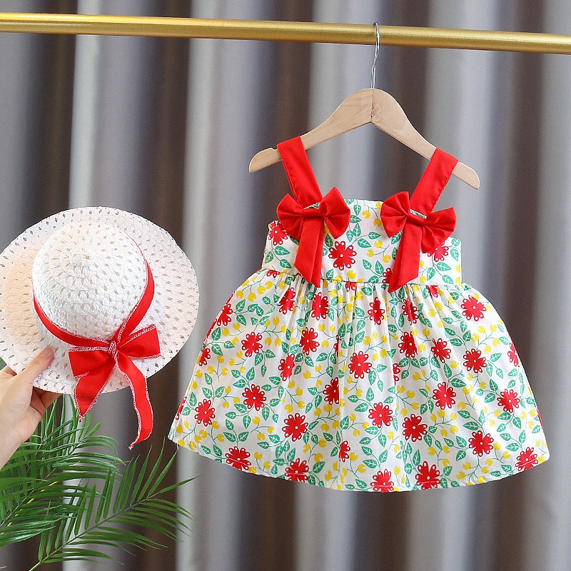 2Pcs/Set Summer Baby Girl Suspender Dresses Children Clothes Suit Flower Bow Fashion Toddler Kid's Costume Send Hat 0 To 3 Years