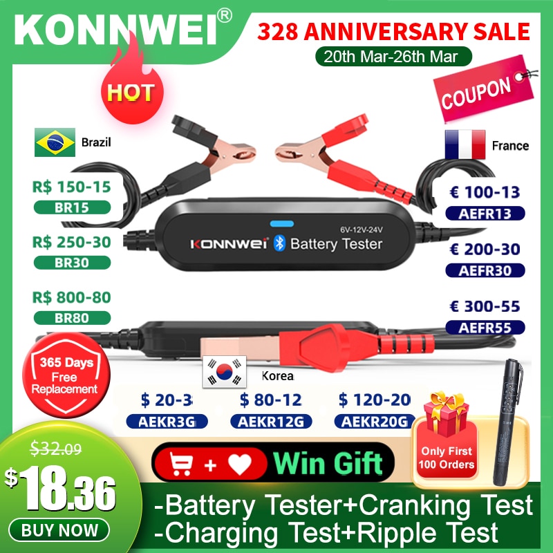 KONNWEI Battery Tester BK200 Car Charger 12V 24V 6V Inspection Tools BK100 Motorcycle Automotive Battery Analyzer PK KW650 KW510