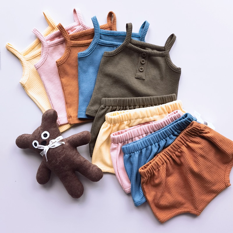 Baby Clothes Sets Summer Toddler Girl Strap Suits Cotton Solid Baby Boy Tops Tee and Shorts Infant Tracksuit Newborn Sets